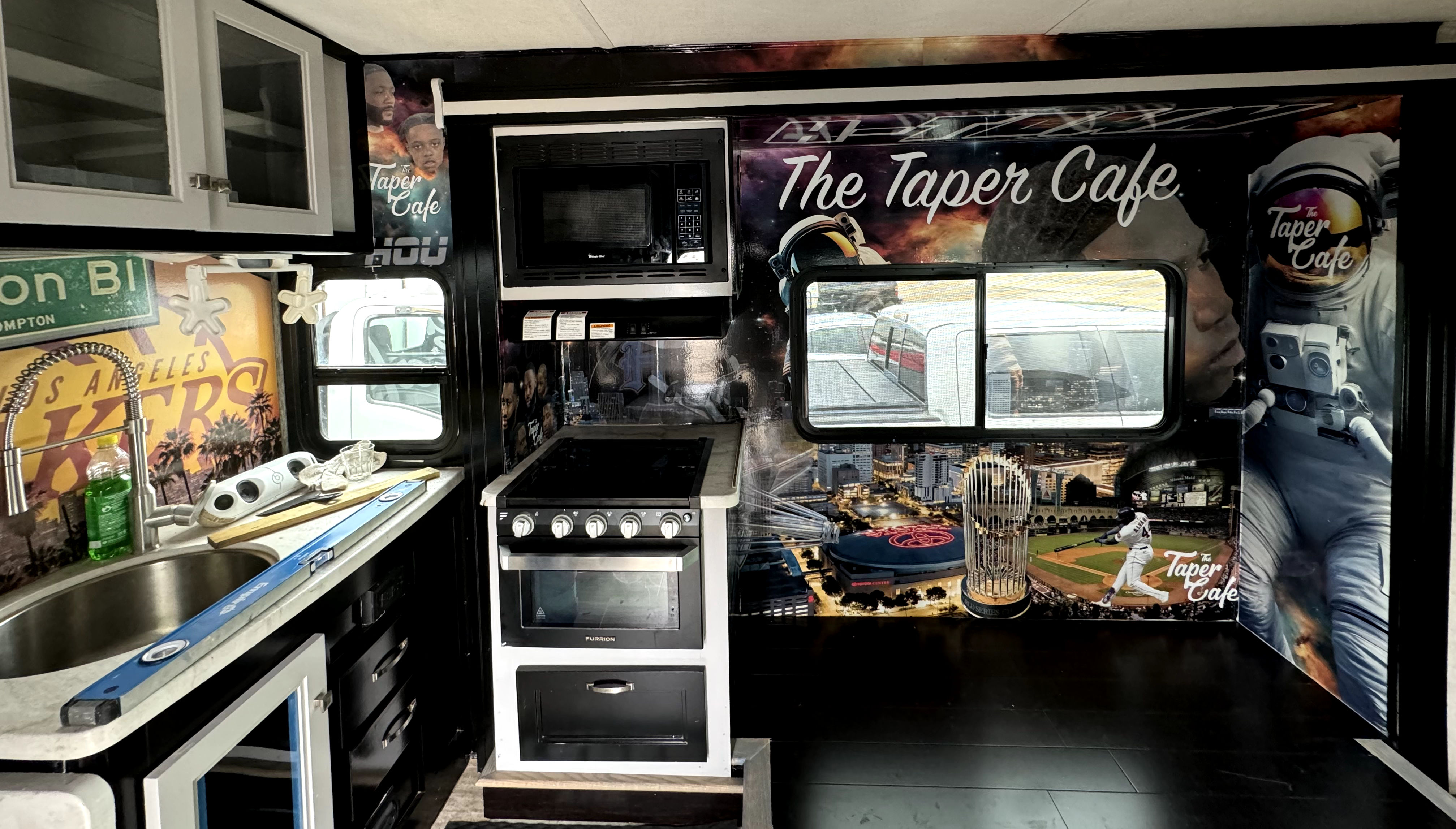 Interior wall wrap in barbershop